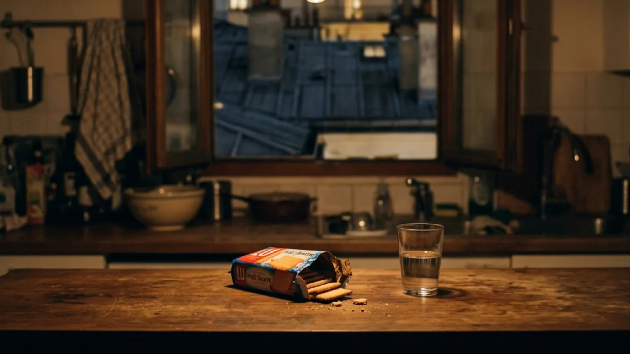 Cuisine le soir, lumière tamisée, évoquant le moment du grignotage sans faim