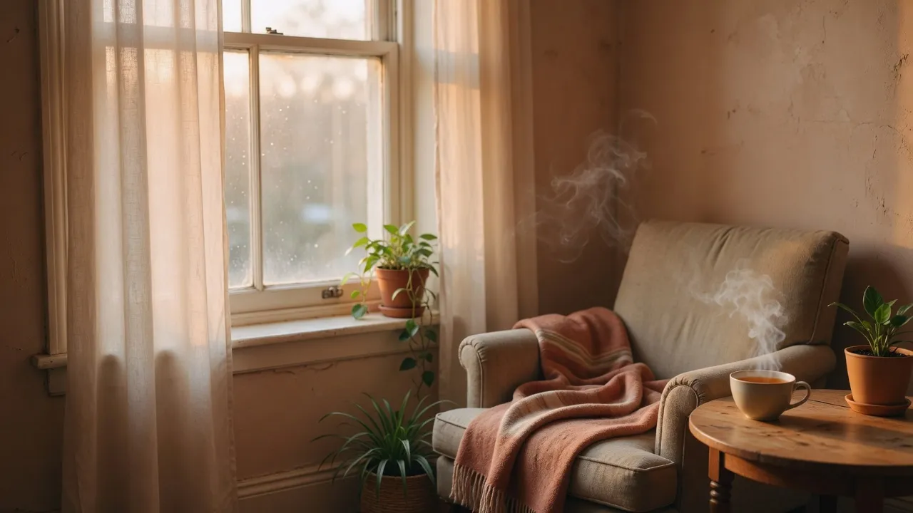 Fenêtre lumineuse et intérieur apaisé au petit matin, évoquant le retour au calme après l'anxiété